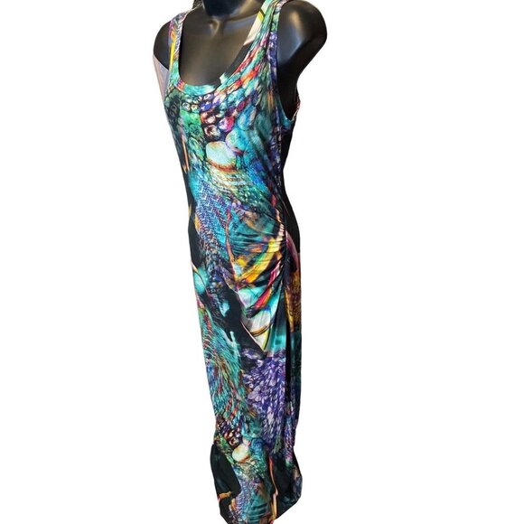 Elaua Kattau Colorful Peacock Sleeveless Maxi Ruched Bodycon Dress - Picture 3 of 8